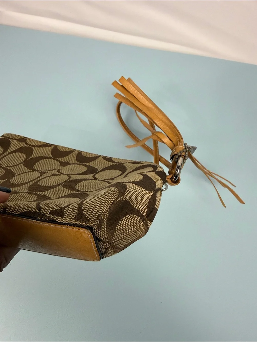 Coach Brown/Tan Signature Canvas Wristlet with Tassel